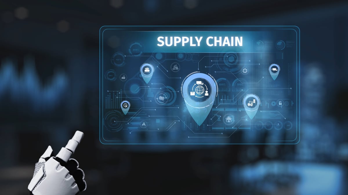 A close-up view of a robotic hand interacting with a digital interface focused on supply chain management.