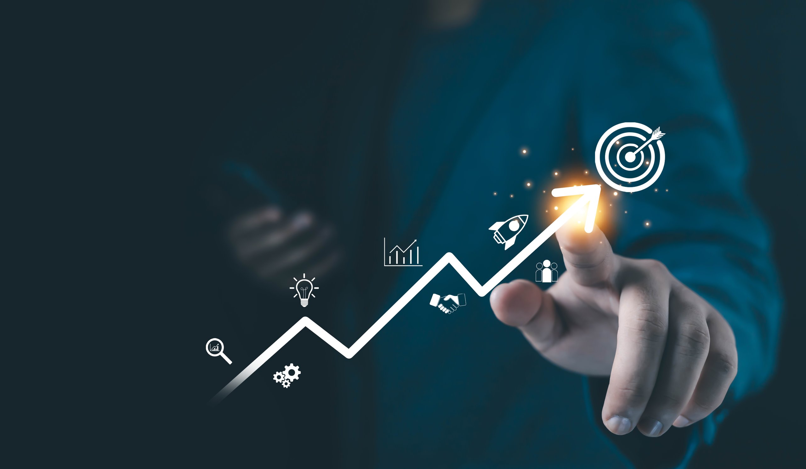 A businessman touching a glowing upward arrow with strategy icons, symbolizing growth, innovation, and successful planning